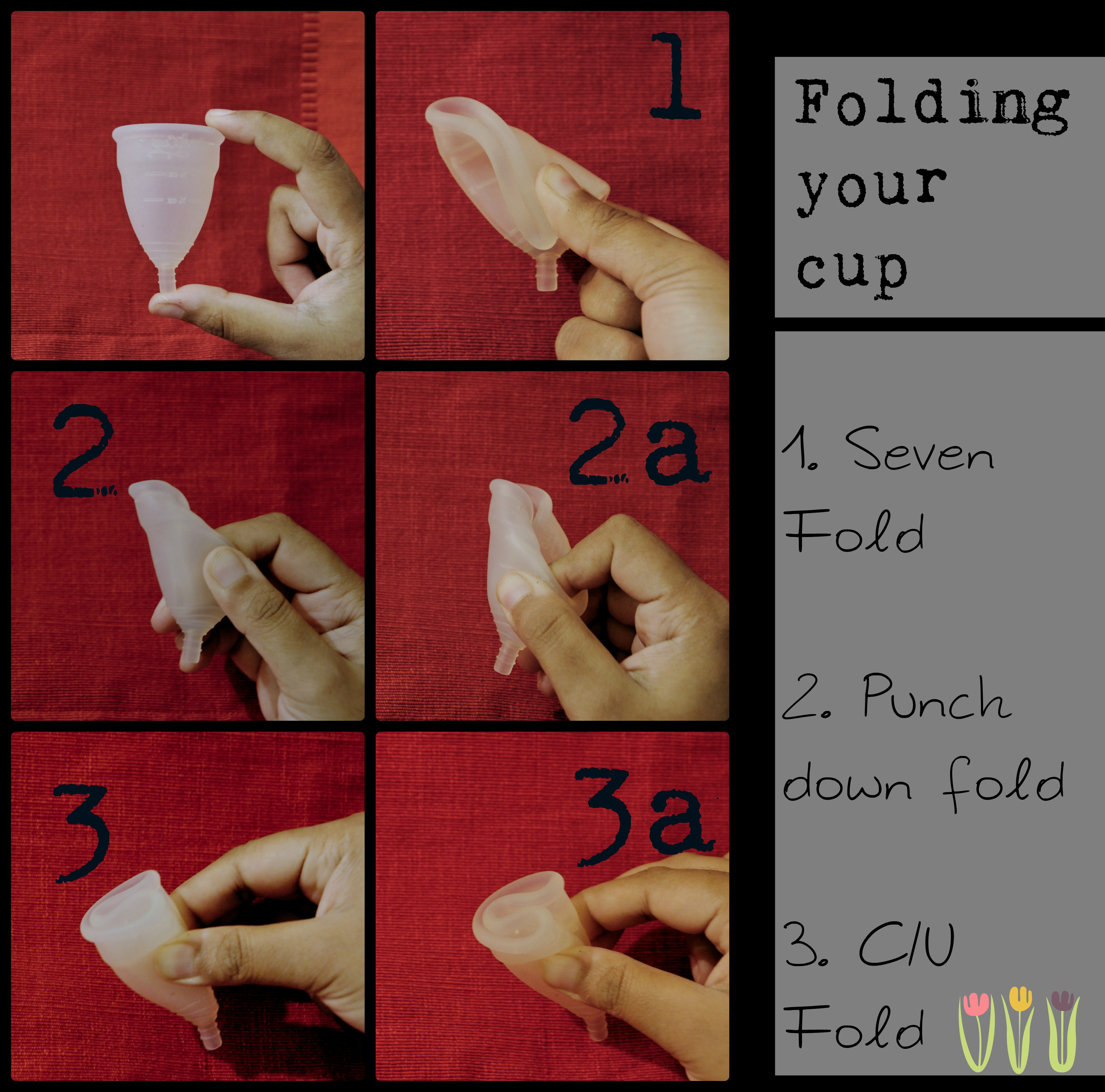 Three common menstrual cup folds